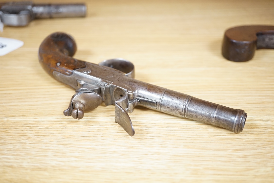 A Queen Anne style box lock flintlock travelling pistol, with turn off cannon barrel, 6cm, frame engraved; T. Lane, sliding trigger guard safety, rounded walnut grip with silver wire inlay and grotesque silver butt cap (